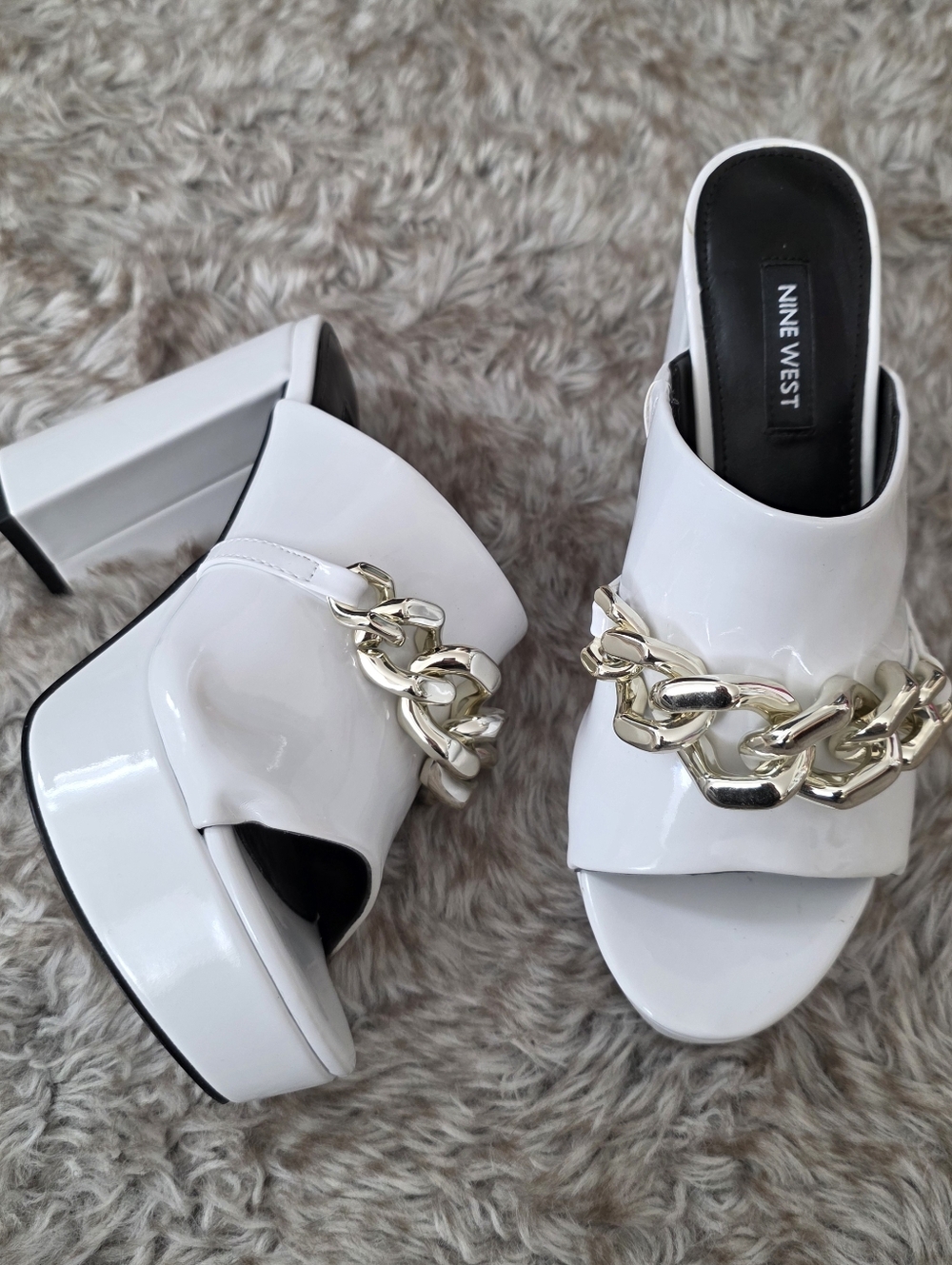 Nine West Relee White Rounded Open Toe Chain Detail Platform Heels Women's 6.5
